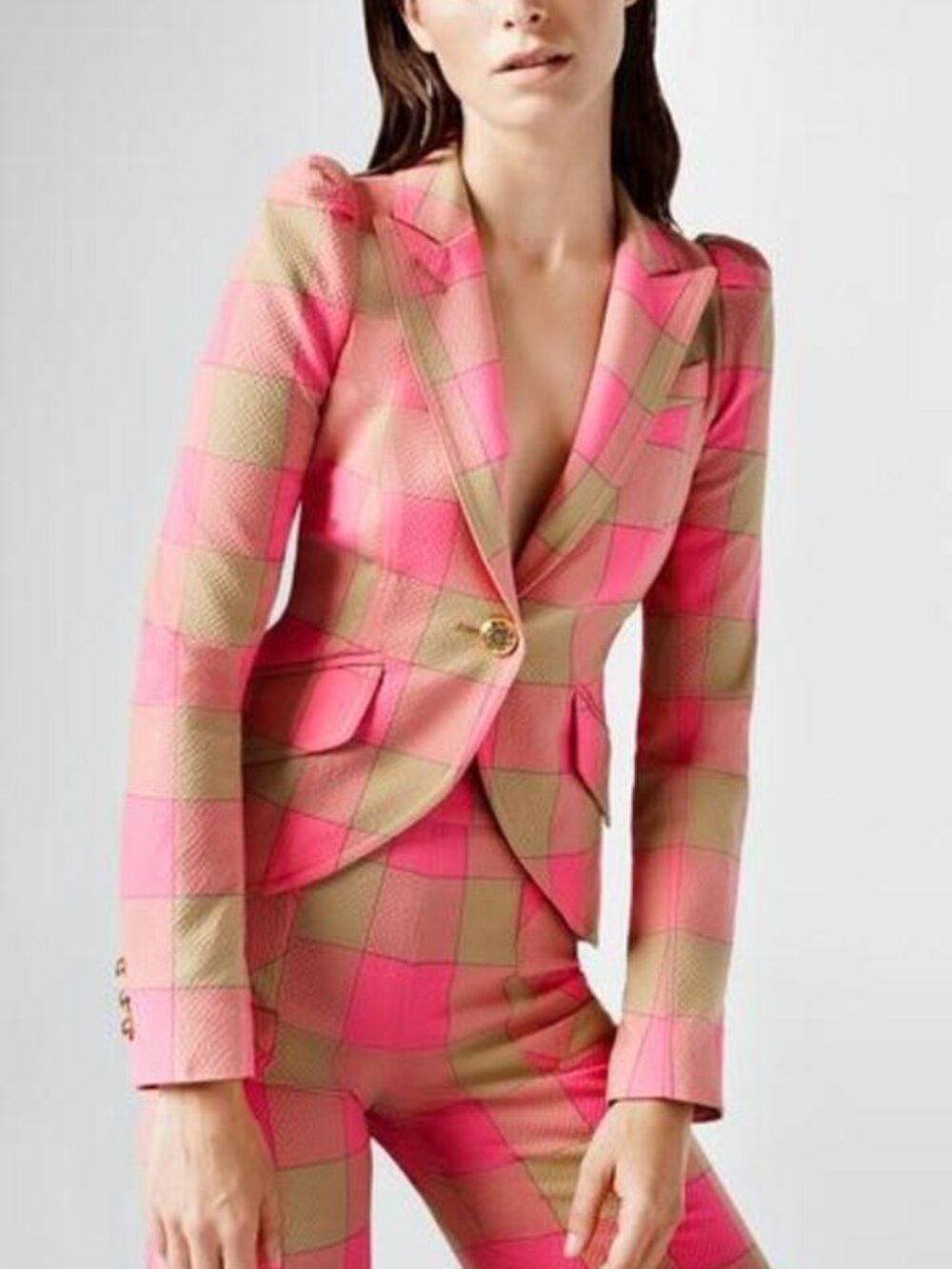 Smythe Pink Check Seersucker Pouf Sleeve One Button Blazer